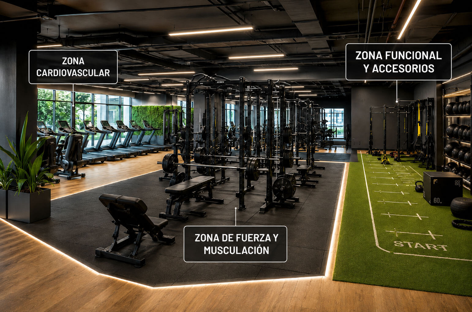 Diseño en 3D de la distribucion de un gimnasio moderno comercial con zonas de cardio y fuerza