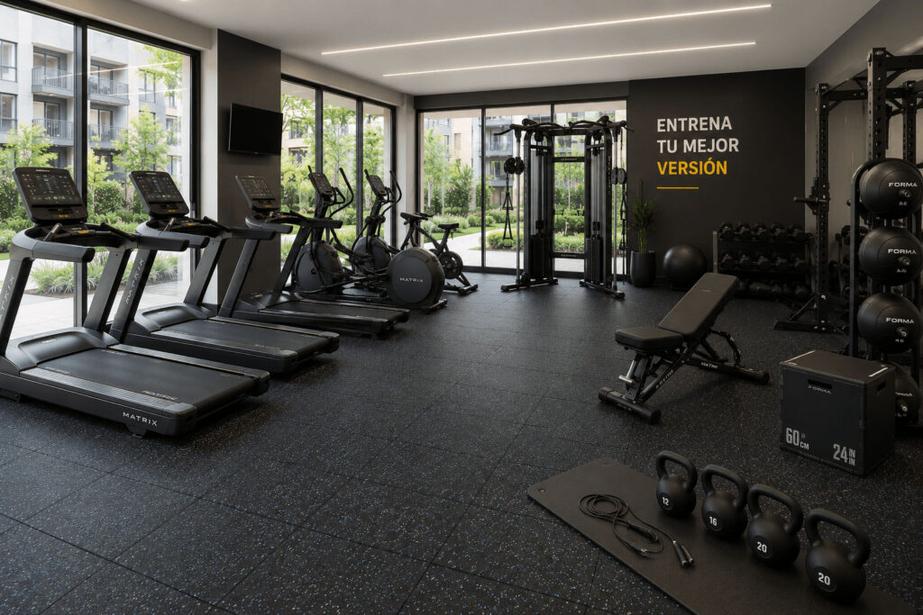 Instalación de piso de caucho amortiguante de alta densidad en gimnasio de conjunto residencial