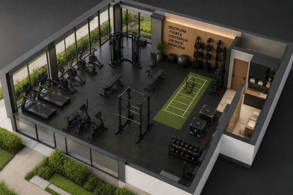 Diseno arquitectonico en 3D de un gimnasio multifuncional moderno para proyectos inmobiliarios
